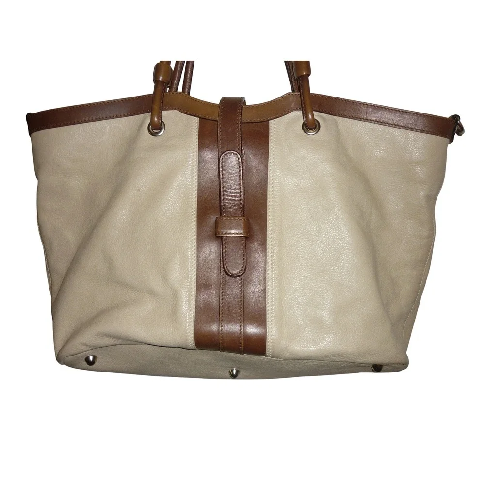 Marco Buggiani Chic‎ Tote Bag Women Beige Brown Leather Top Handle Shoulder Bag